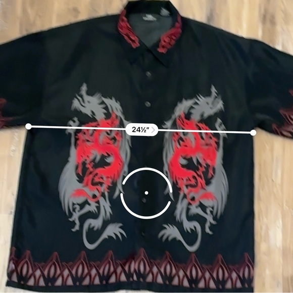 VTG Y2K 2000s Bright Red & Black Dragon Flame Print Alt Grunge Cyber Dress Shirt - Picture 4 of 5